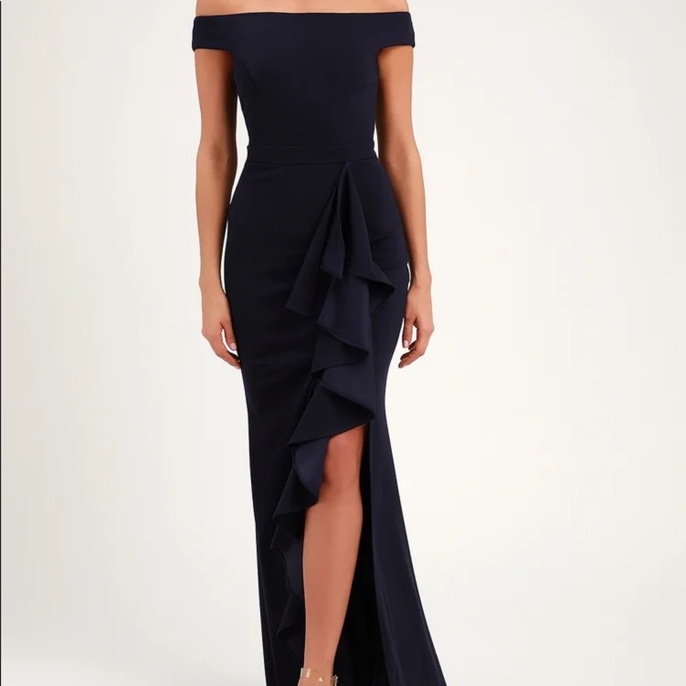 Mila Navy Blue Ruffled Off-the-Shoulder Maxi Dress